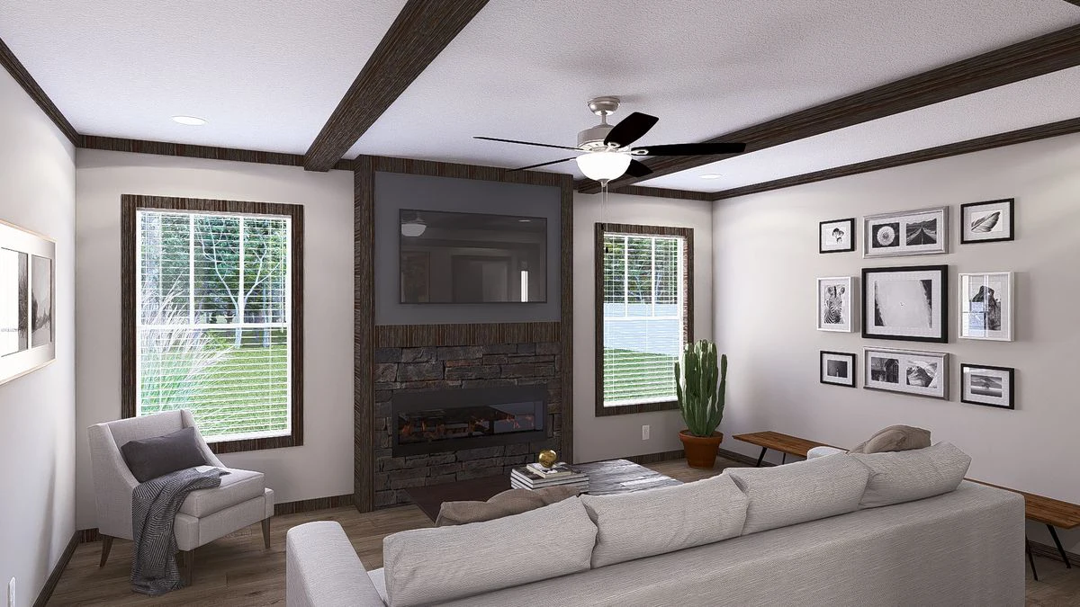 93d079ea-47bd-4f36-a19e-dc452e1a743c Modern living room with a gray sofa, armchair, electric fireplace, wall-mounted TV, large windows, a potted cactus, and a gallery wall of framed photos.