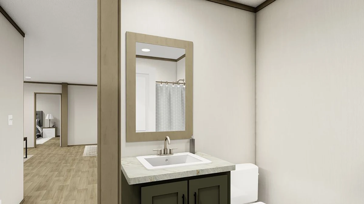 9420c248-a5cd-4d1e-9c64-388924f4dc48 A modern bathroom with a rectangular mirror, single sink vanity, and toilet; a shower curtain and bedroom are visible in the background through an open doorway.