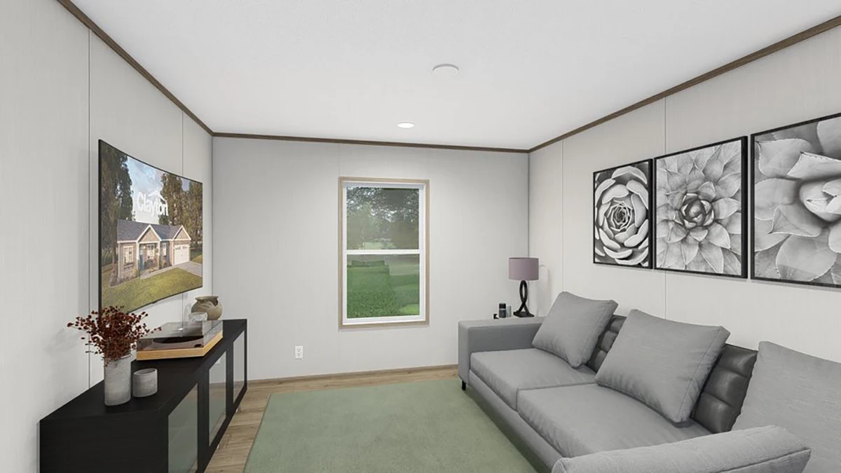 A modern living room with a gray sofa, green rug, flat screen TV, window, console table, lamp, and black-and-white floral artwork on the wall.