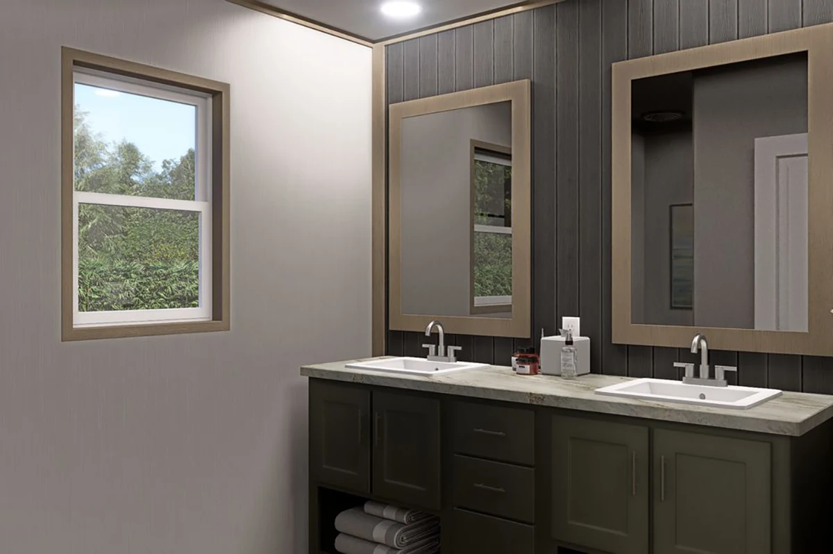 Modern bathroom with double sink vanity, two rectangular mirrors, a window on the left wall, and neatly stacked towels on open shelves below the sinks.