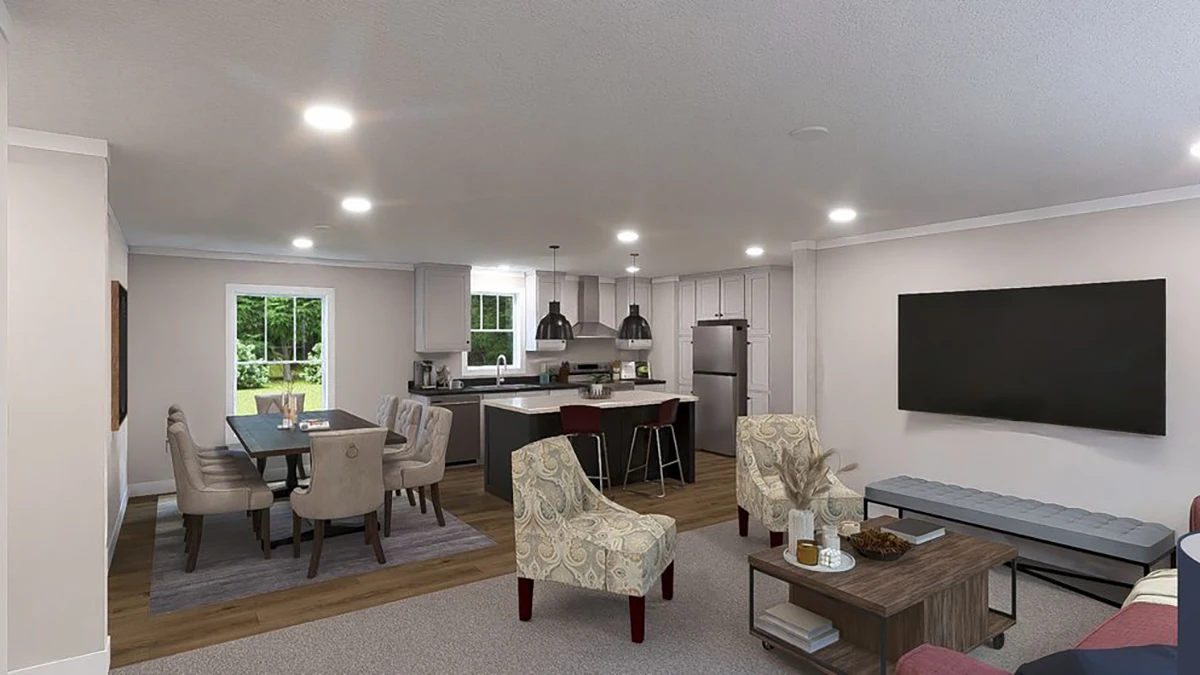 Open-plan living space with a kitchen, dining area, and living room featuring modern furnishings, a wall-mounted TV, and neutral color scheme.