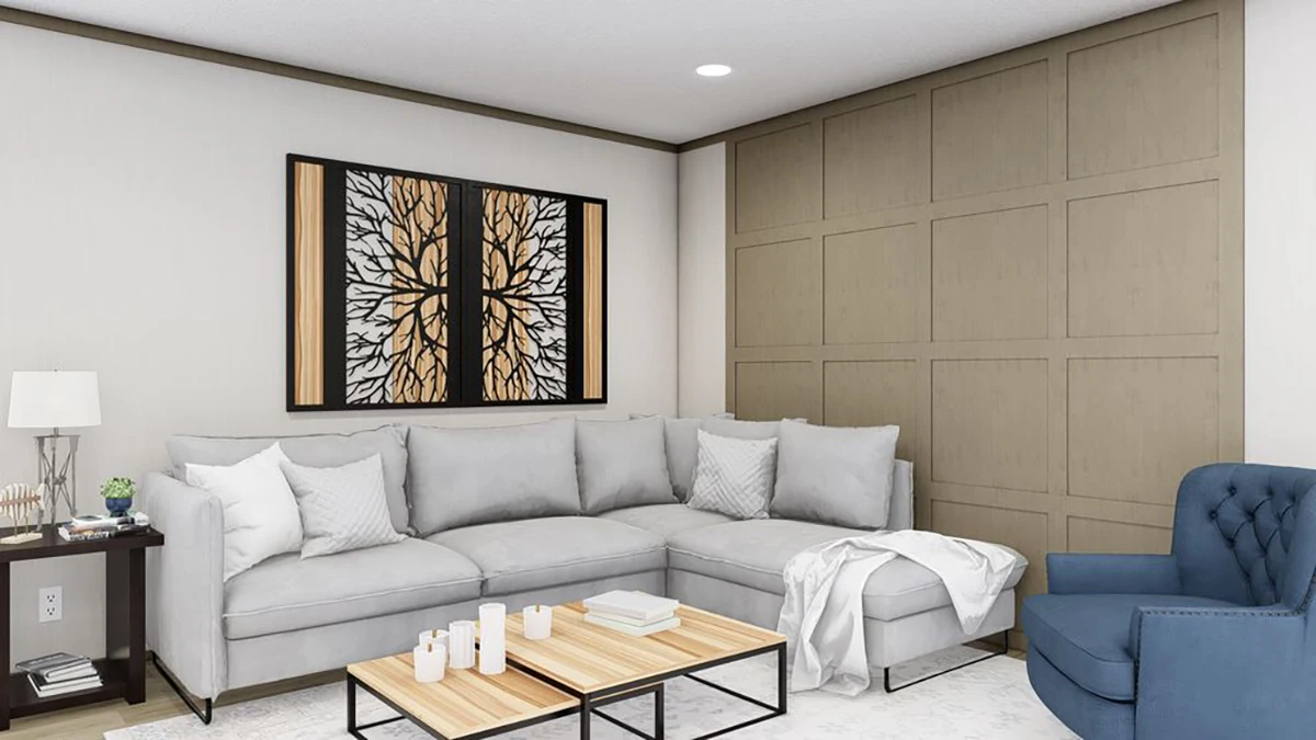 Modern living room with a gray sectional sofa, blue armchair, square coffee tables, wall art featuring tree designs, and paneled accent wall.