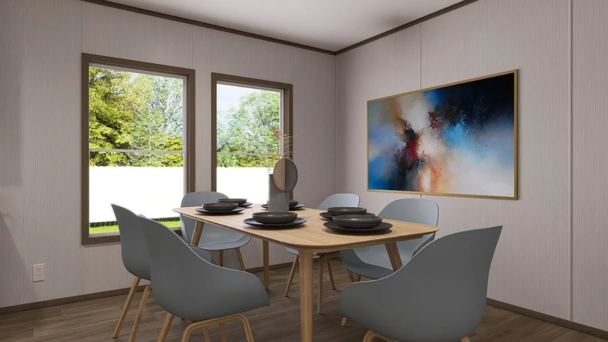 A modern dining room with a wooden table, six gray chairs, black plates, large windows, and an abstract painting on the wall.