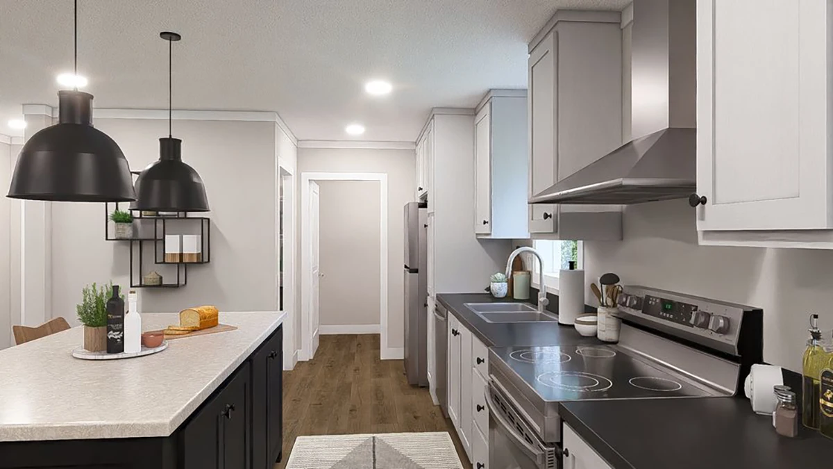 9d9ec1c2-fbf5-415c-9e2f-9c0e8c417201 Modern kitchen with white cabinets, stainless steel appliances, black countertop, island with stools, and pendant lights. Wood flooring and neutral walls create a clean, contemporary look.