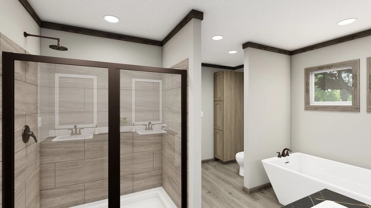 A modern bathroom with a glass shower enclosure, a white freestanding bathtub, wood accents, and recessed lighting.
