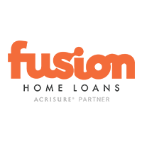 Fusion Home Loans logo in orange text above the tagline "Home Loans Acrisure Partner" in gray on a white background, highlighting expertise in mobile home financing.