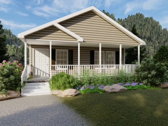 Single-story house with a front porch, white railing, a gable roof, surrounding trees, shrubs, flowers, and a paved pathway leading to the entrance.