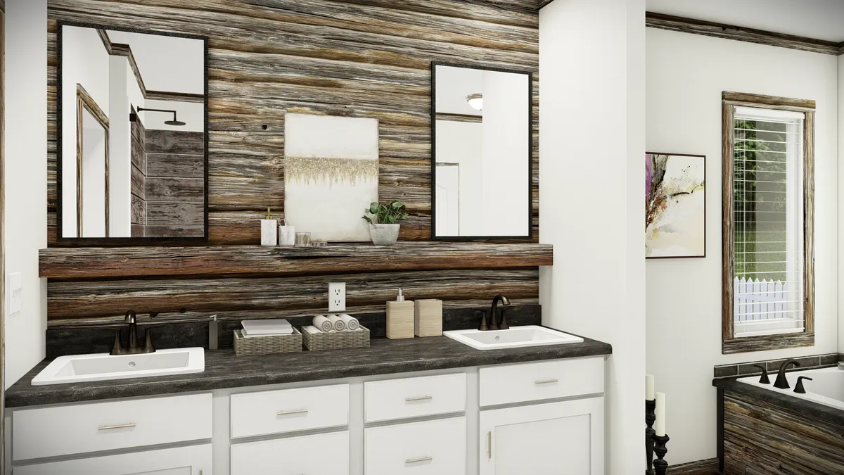 Modern bathroom with dual sinks, rectangular mirrors, rustic wood accent wall, countertop accessories, and a window with blinds.