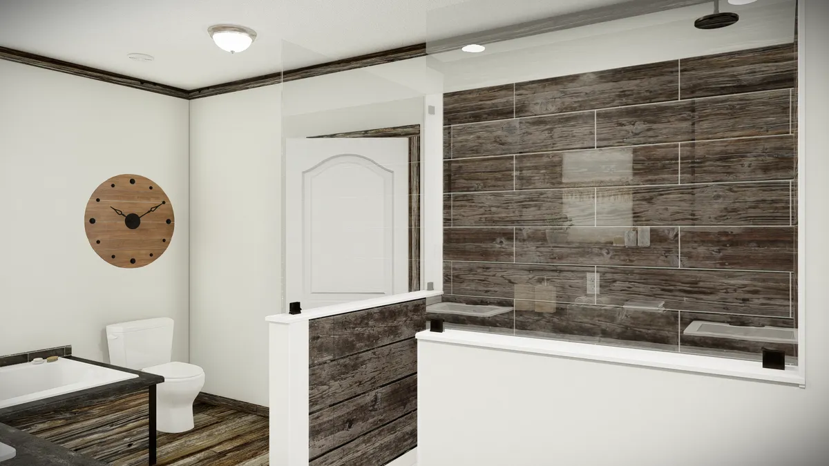 Modern bathroom with a glass-enclosed shower, wood-style tile walls, a white toilet, and a round wooden wall clock.