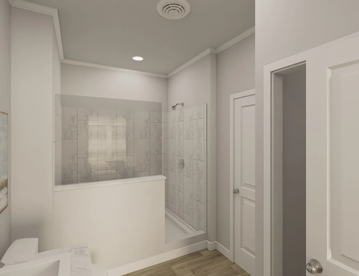 The Elite 52 14 Modern bathroom with a walk-in shower featuring white tiles, a partial glass divider, a closed door, and wood-look flooring.