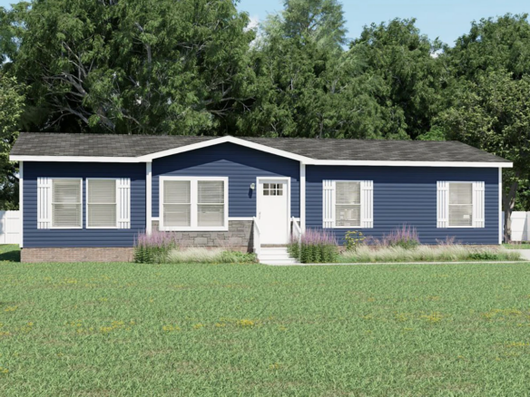 A single-story blue house with white shutters, front steps, and a small garden, set against a backdrop of trees and grass.