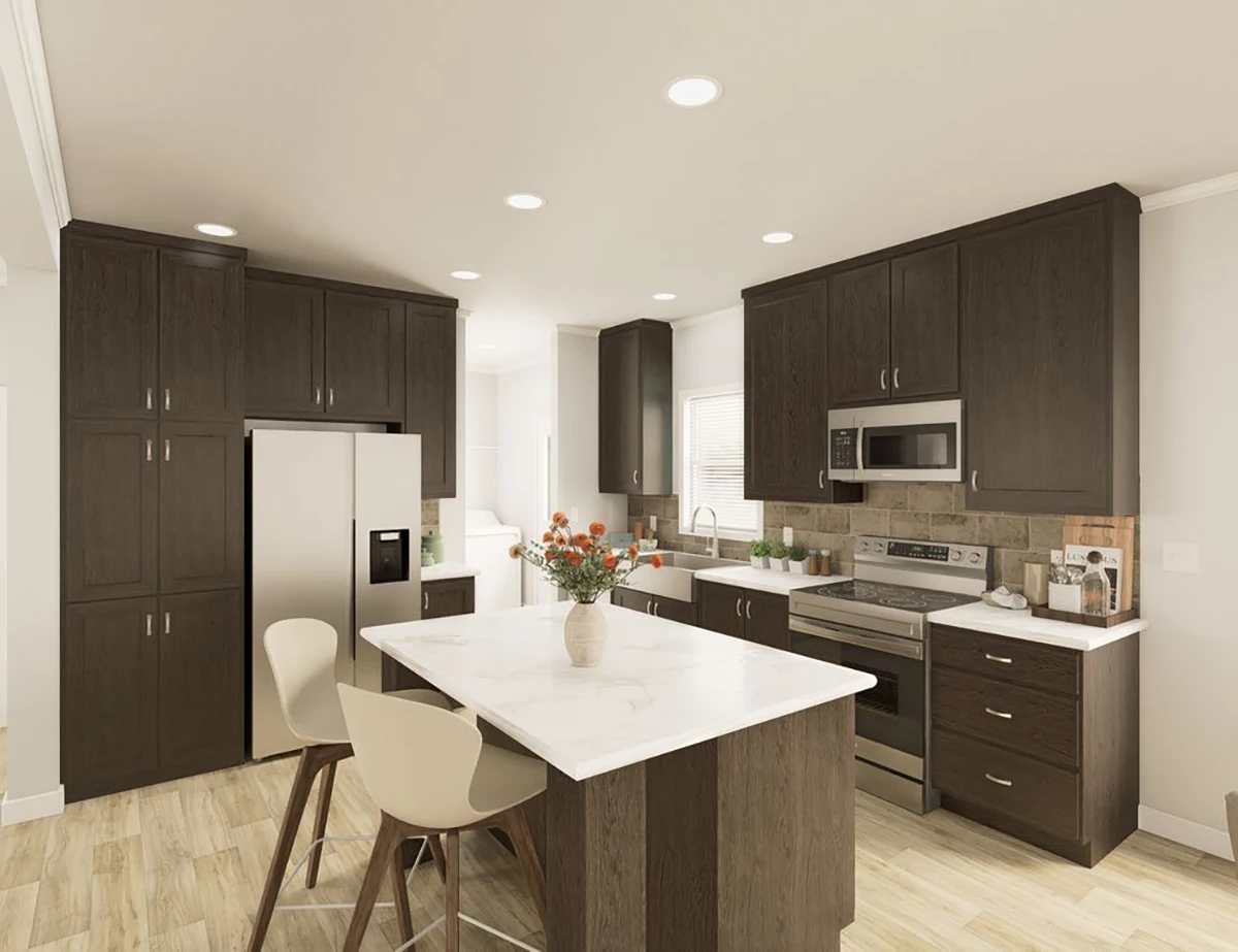 The Elite 52 17 Modern kitchen with dark wood cabinets, stainless steel appliances, marble countertops, an island with two chairs, and a vase of flowers as a centerpiece.