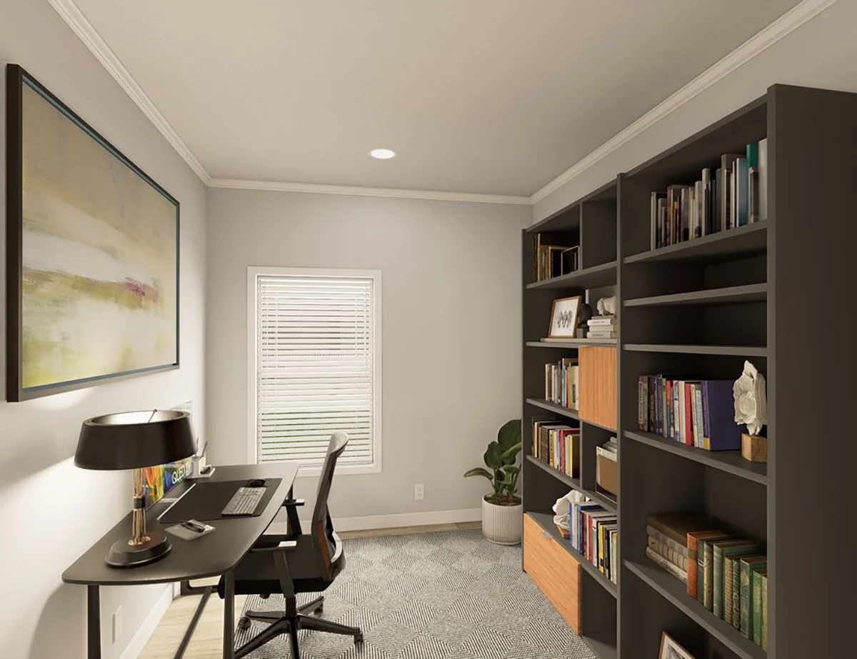 The Elite 52 20 A home office with a desk, office chair, desk lamp, large bookshelf, potted plant, and a window with blinds; abstract art hangs on the wall.