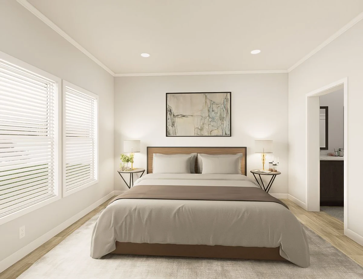 The Elite 52 23 A modern bedroom with a neatly made bed, two bedside tables with lamps, a large abstract painting above the bed, and three windows with blinds on the left wall.