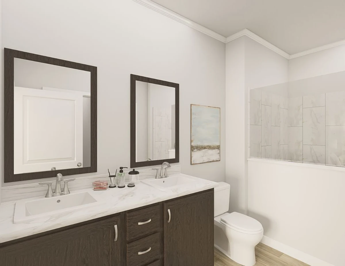 The Elite 52 24 Modern bathroom with double sinks, dark wood vanity, two mirrors, a toilet, wall art, and a glass-partitioned shower.