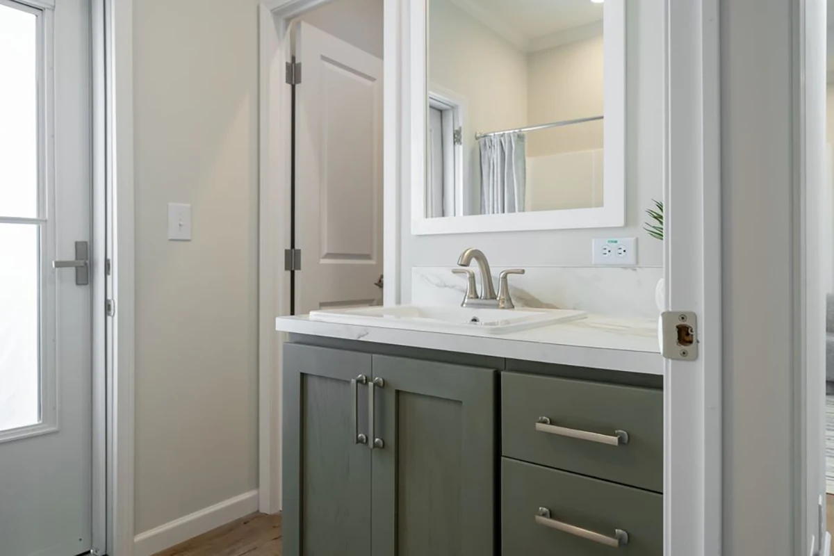 Modern bathroom with a green vanity, rectangular sink, silver faucet, large mirror, and neutral walls. A closed door and a shower with a curtain are visible in the background.