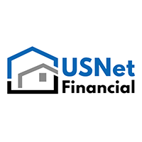 USNet Financial logo featuring a stylized house icon with blue and black lines next to the company name in blue and black text, reflecting their expertise in mobile home financing.