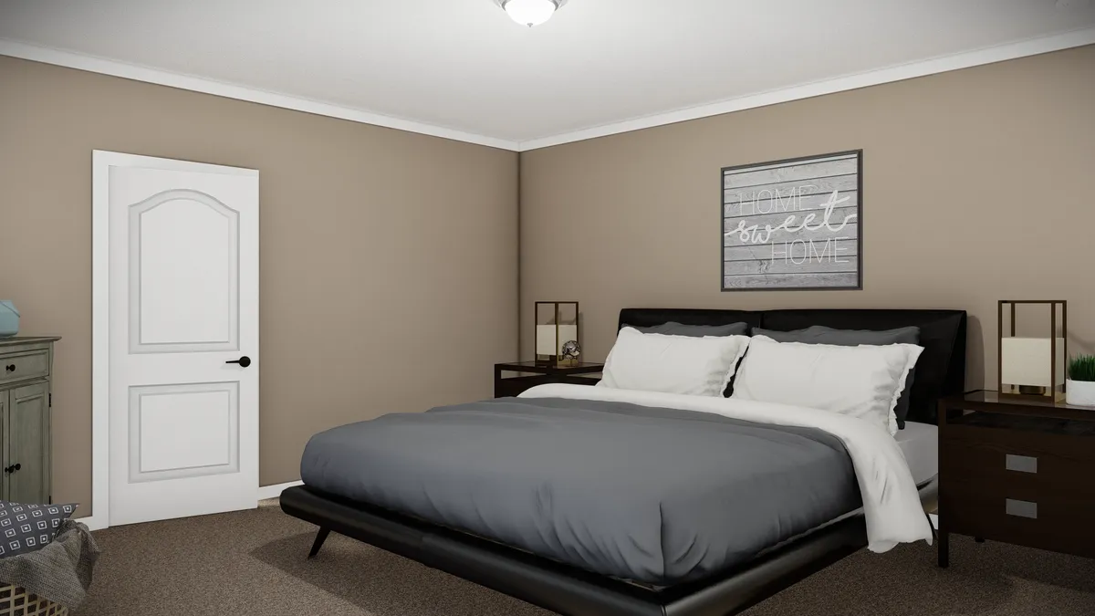 a1304619-59b5-4965-8a39-d8b8007f618f A bedroom with a neatly made bed, two nightstands with lamps, a dresser, beige walls, carpeted floor, and a white door. A framed sign hangs above the bed.