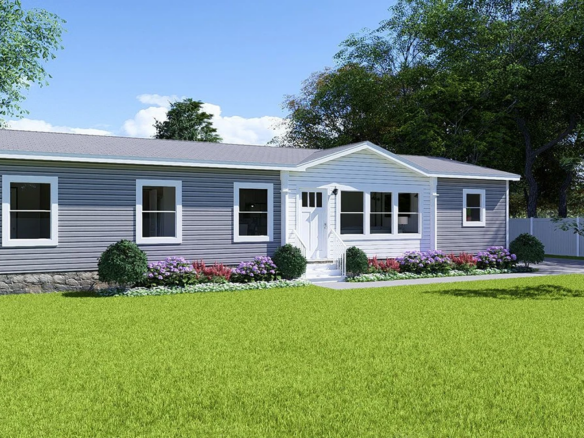 Single-story gray house with white trim, a central white door, and a landscaped garden in front, surrounded by green grass and trees.