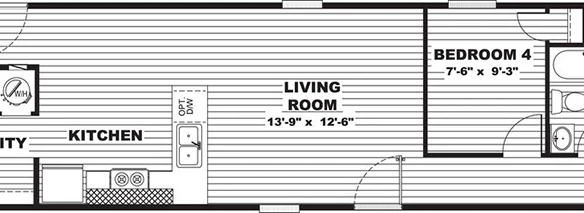 Black and white floor plan of a house showing a primary bedroom, three additional bedrooms, two bathrooms, a kitchen, utility room, and a central living room.