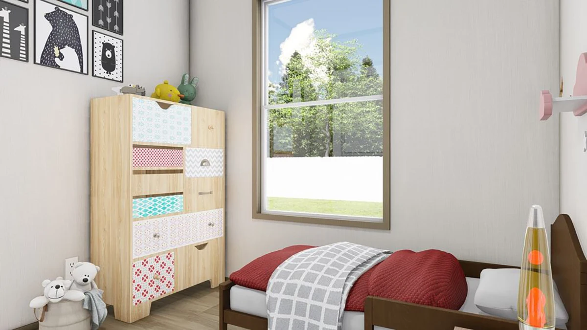 A children's bedroom with a bed, checkered quilt, wooden dresser with patterned drawers, toys, a lava lamp, and a window showing trees and sky outside.