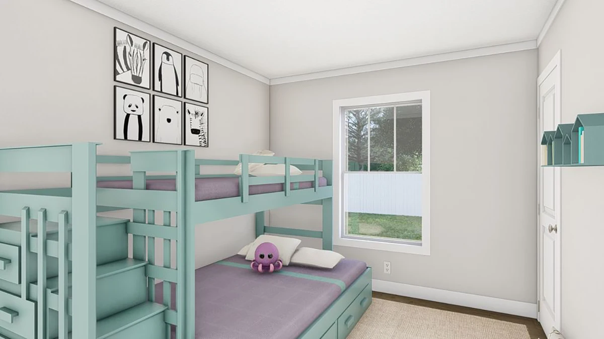 A children's bedroom with mint green bunk beds, lavender bedding, a plush octopus toy, wall art above the beds, and a window letting in natural light.