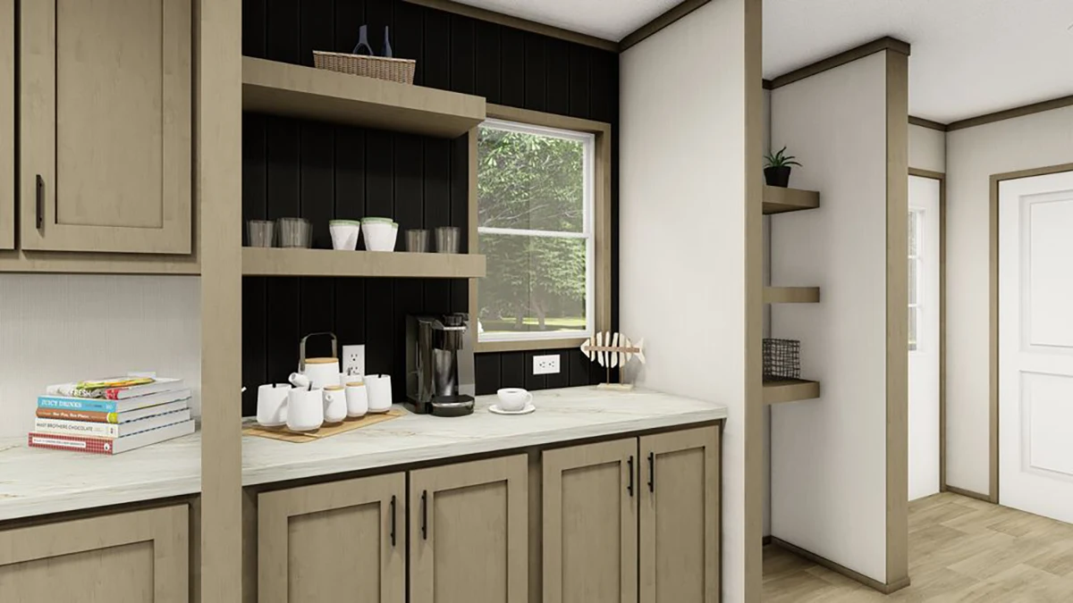 a328a428-0228-4f99-8cf8-e6f451718085 Modern kitchen with wood cabinets, open shelves holding dishes and decor, a coffee maker, and a window with a view of trees outside.