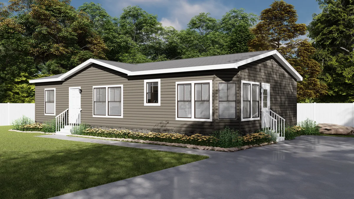a437a23e-5680-4f5f-a290-cca1504cc447 A single-story, dark brown manufactured home with white trim, multiple windows, and two small sets of steps, set on a grassy lot with a paved driveway and surrounded by trees.