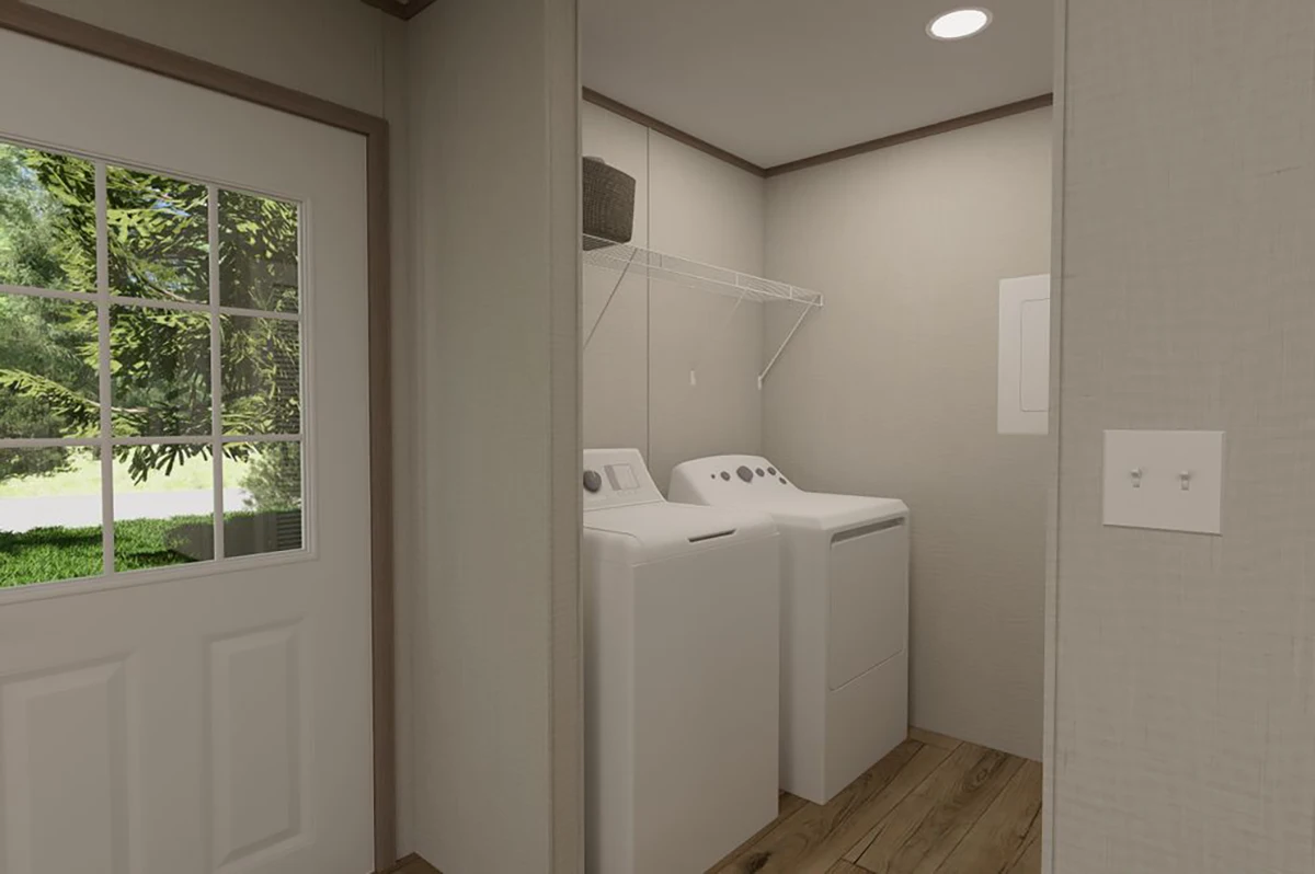 Small laundry area with a washing machine and dryer, white wire shelf above, basket on shelf, near a door with window, and light switch on nearby wall.