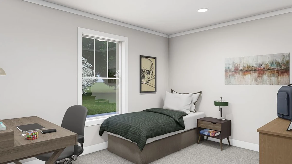 a48fe9f4-cef1-4bae-af16-a7f9eabd89cb A small, neatly organized bedroom with a single bed, desk, chair, nightstand, lamp, artwork on the walls, and a window showing greenery outside.