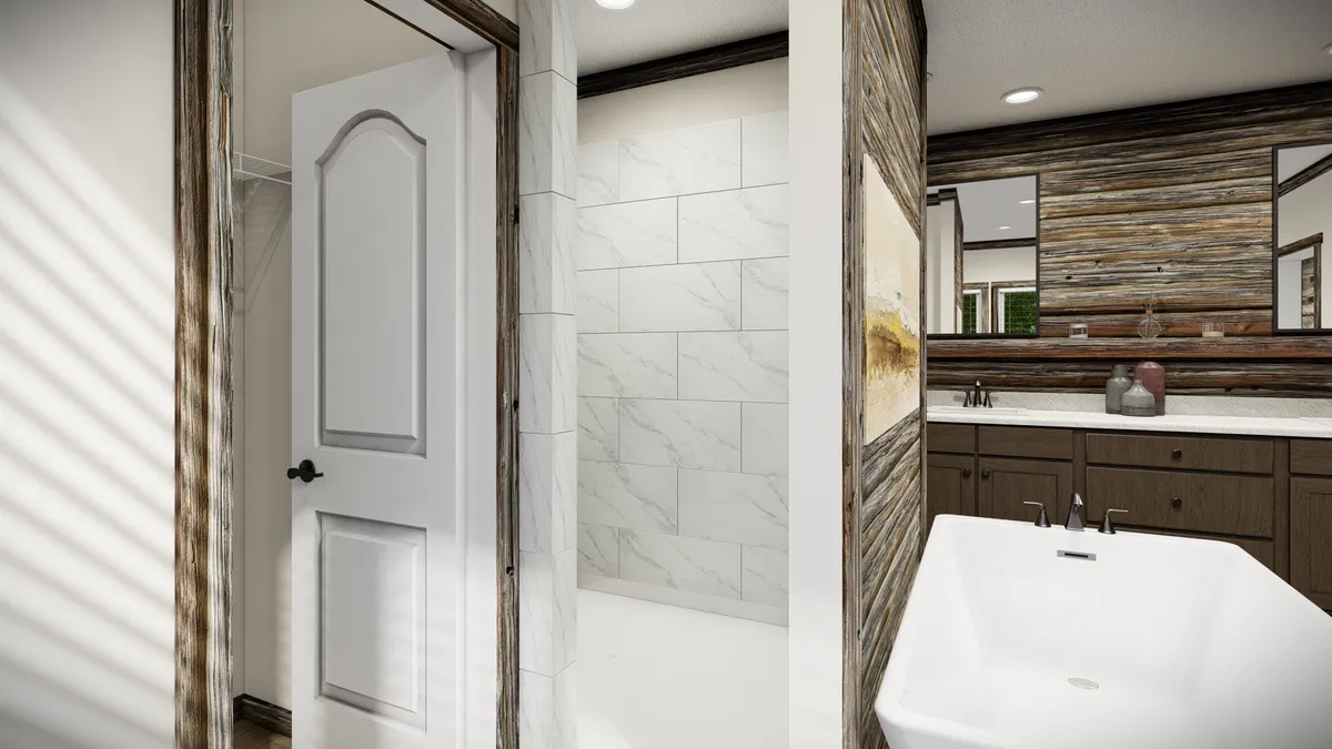 a68cc26c-e2e9-4bab-9581-b56ef9f6b26c Modern bathroom with a freestanding tub, double sink vanity with mirrors, open shower with white tiles, and a partially open door leading to a closet.
