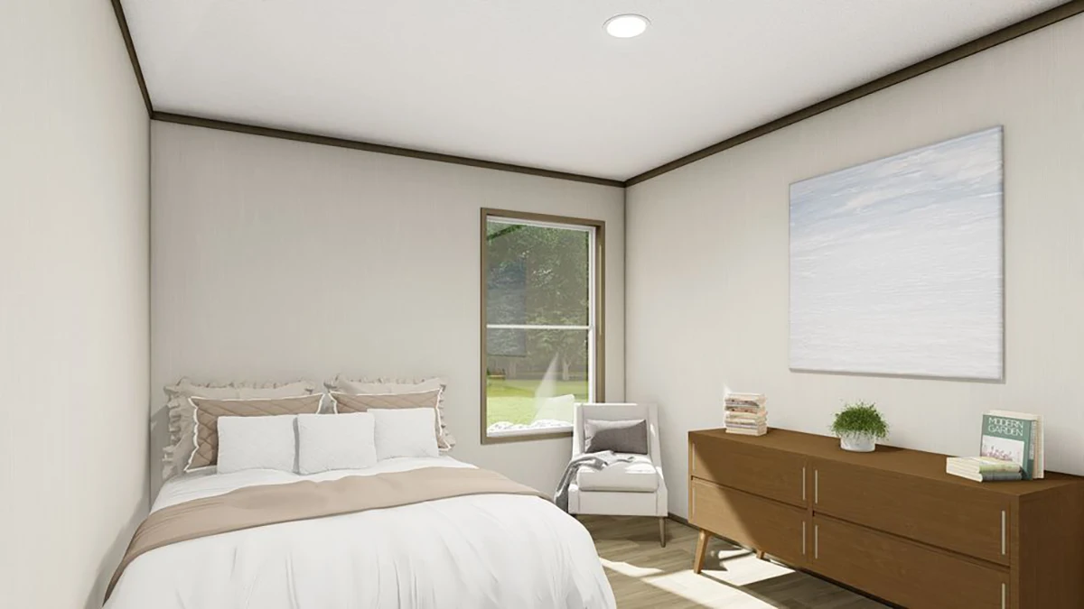 a9198b3e-da43-4648-80be-1ff5044a491a A minimalist bedroom with a bed, white bedding, a chair by the window, a wooden dresser, and a large wall art above the dresser.