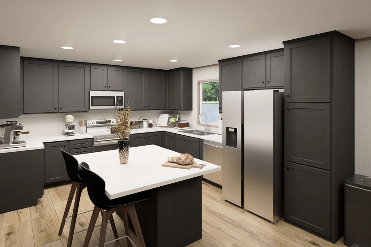 a9da4db9-0ee2-4614-92d2-561a8429ceed Modern kitchen with dark gray cabinets, stainless steel appliances, light wood flooring, a central island with two chairs, and recessed ceiling lights.