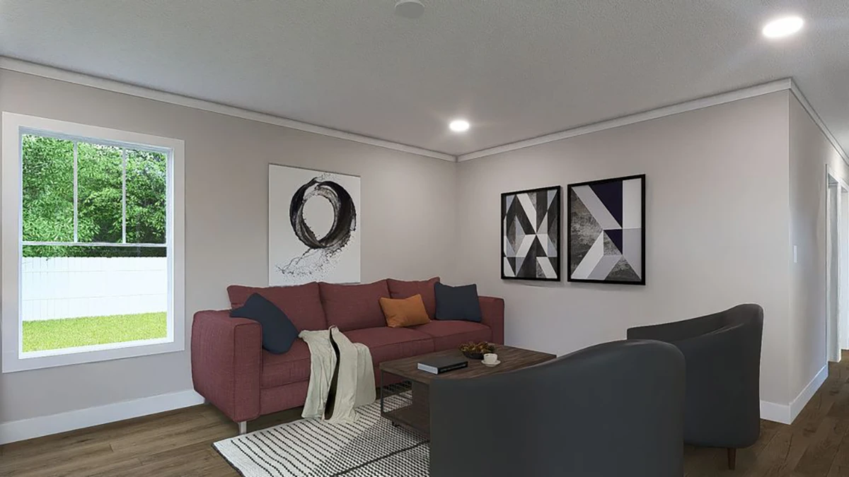 A modern living room with a red sofa, two dark armchairs, geometric wall art, a striped rug, coffee table, and a window showing greenery outside.