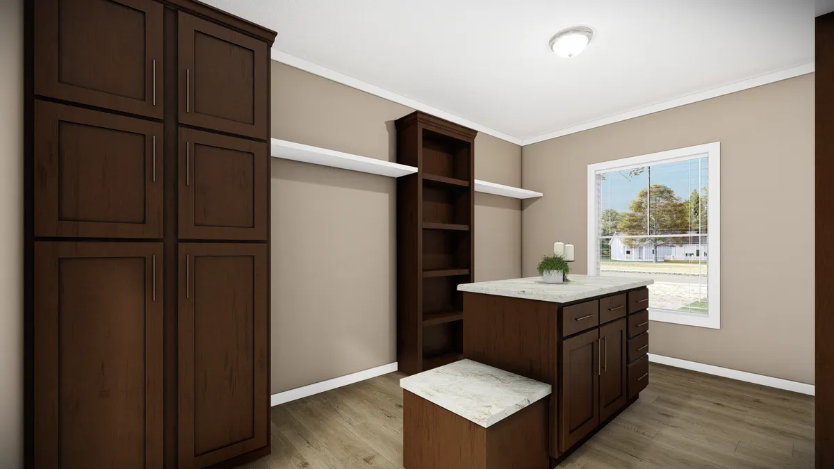 ad74cb5e-7193-4786-a88e-373b9d4a796f A modern pantry with dark wood cabinets, open shelving, a center island with a marble countertop, and a window letting in natural light.