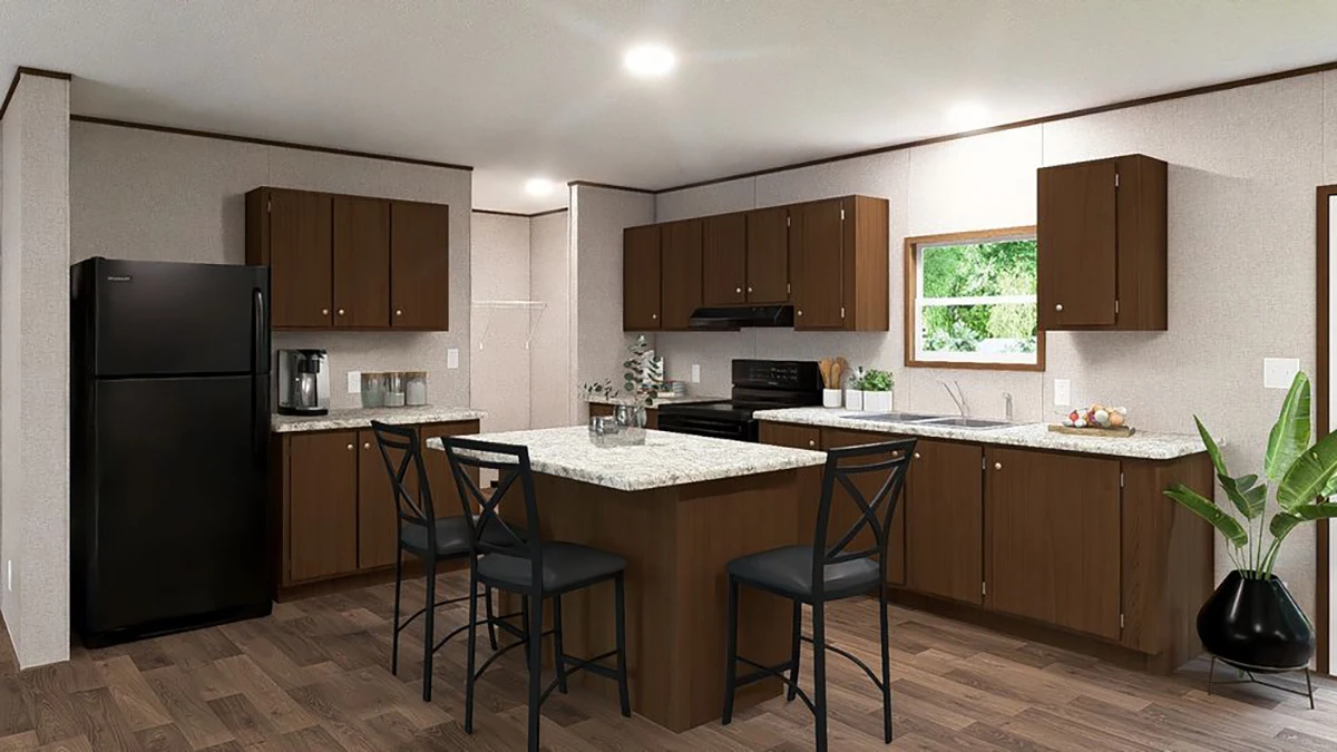 Modern kitchen with dark wood cabinets, granite countertops, black appliances, island with seating, and a potted plant by the window.