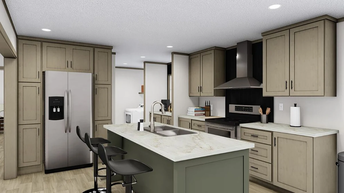 Modern kitchen with light wood cabinets, stainless steel appliances, a center island with sink, two barstools, and laundry area visible in the background.
