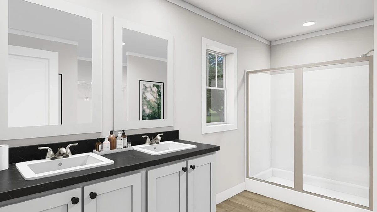 b12ef74b-7772-4625-8ad2-d52bf7447f80 Modern bathroom with double sink vanity, two mirrors, black countertop, a window, and a glass-enclosed shower on wood-look flooring.