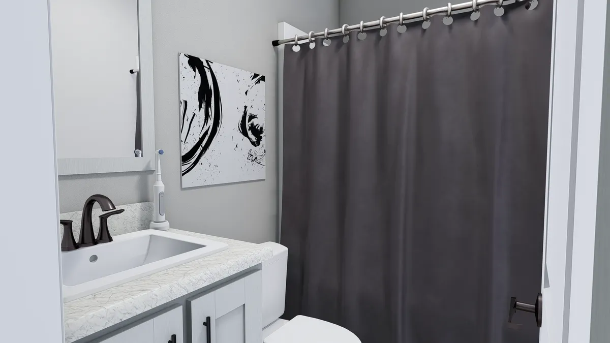b4e41fe8-0fb7-42b9-a6e7-e2710dd864a9 A modern bathroom with a white sink, black faucet, gray shower curtain, abstract wall art, and a mirror above the sink.
