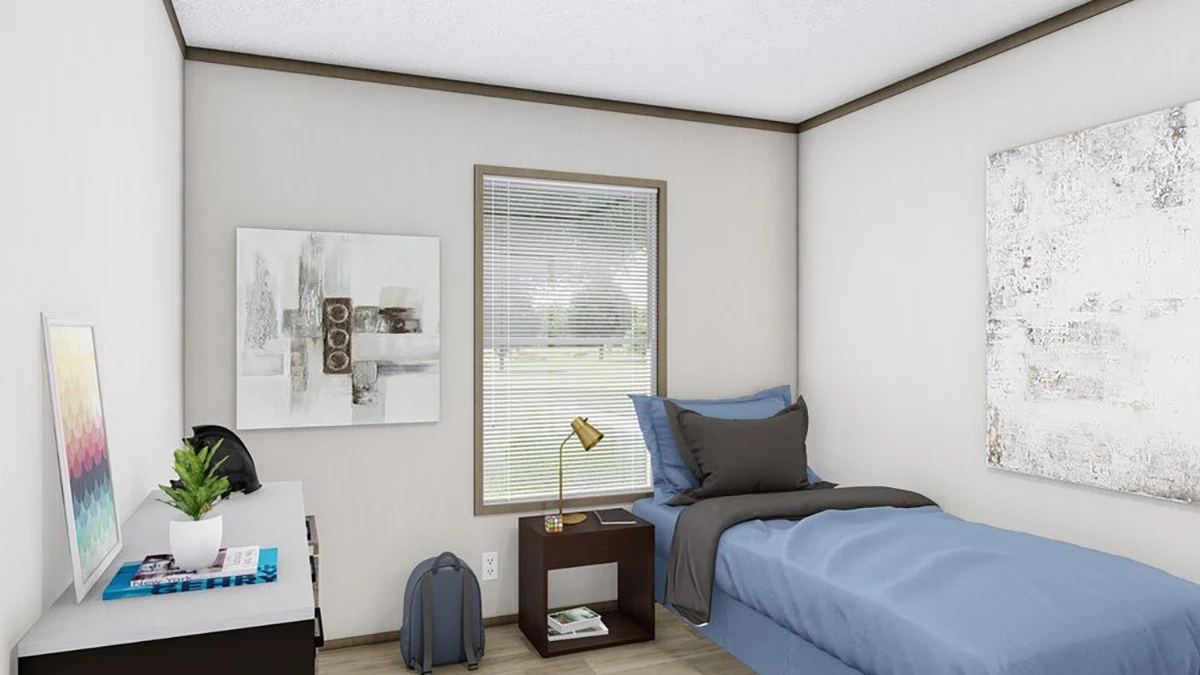 A small bedroom with a single bed, nightstand, desk with books, wall art, a window with blinds, and a blue backpack on the floor.