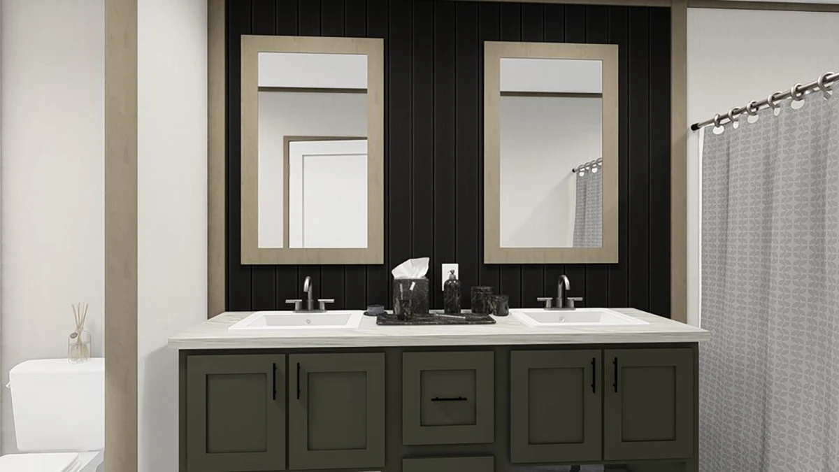 Modern bathroom with a double sink vanity, two rectangular mirrors, black accent wall, and a shower with a patterned curtain.