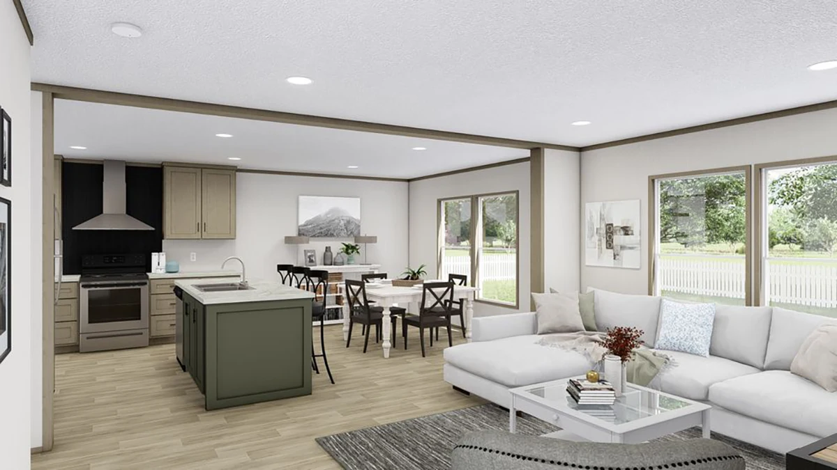 Modern open-concept living space with a kitchen, dining area, and living room featuring large windows, light wood floors, and neutral-toned decor.