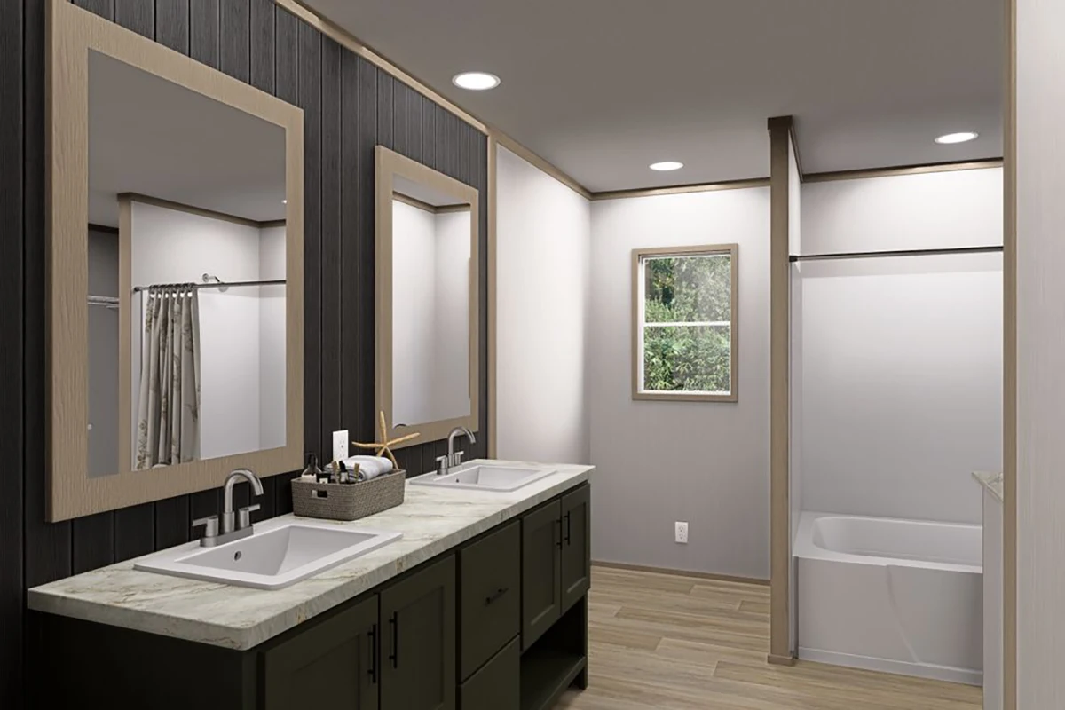 Modern bathroom with double sinks, large mirrors, a basket on the counter, wood-style flooring, a window, and a bathtub with a shower curtain.