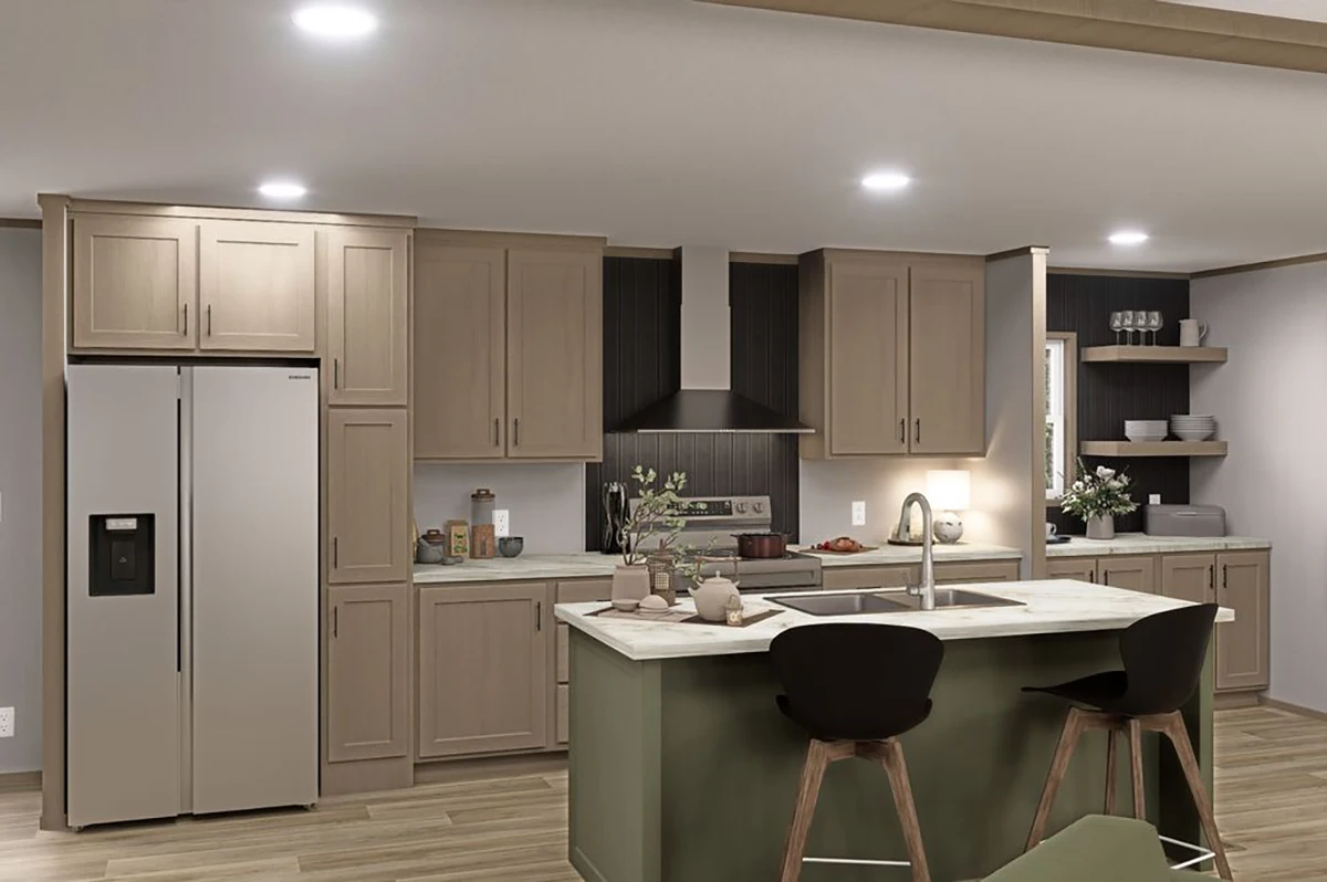 Modern kitchen with light wood cabinets, stainless steel appliances, a center island with sink, two bar stools, and open shelving with dishes and decor.