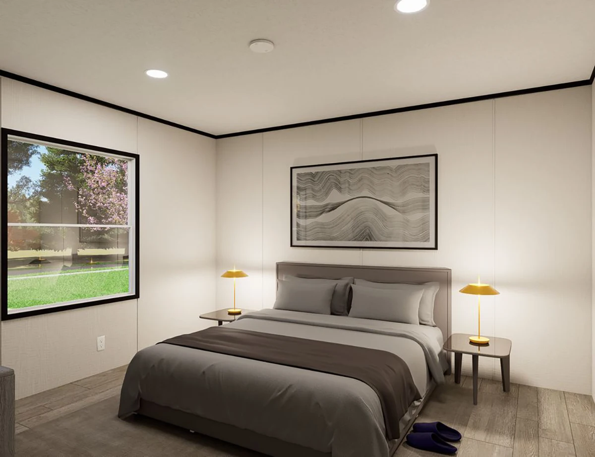 c46b887b-c16e-4378-893c-26e22a68ccf7 A neatly made bed with gray bedding, two side tables with yellow lamps, a large abstract artwork above the bed, and a window showing a green yard with trees.