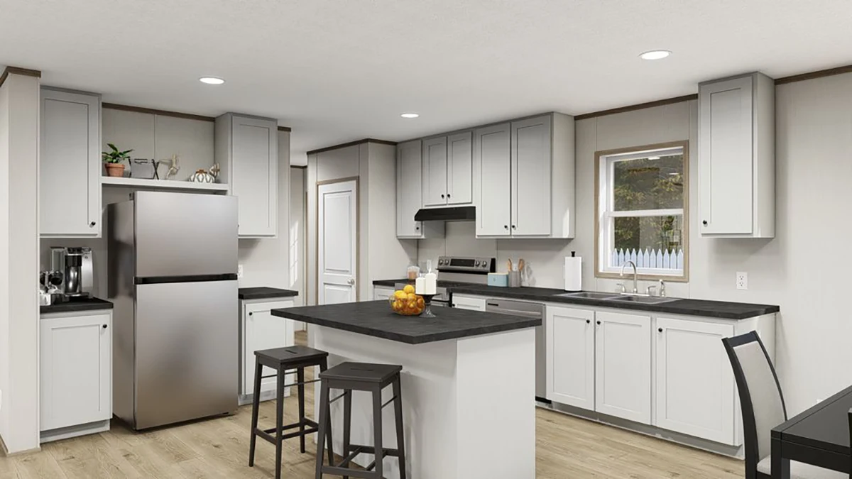 c5154bff-cf75-4d40-893d-27e62da2b973 Modern kitchen with white cabinets, stainless steel appliances, a central island with stools, and a bowl of apples on the counter. Light wood flooring and recessed lighting are present.
