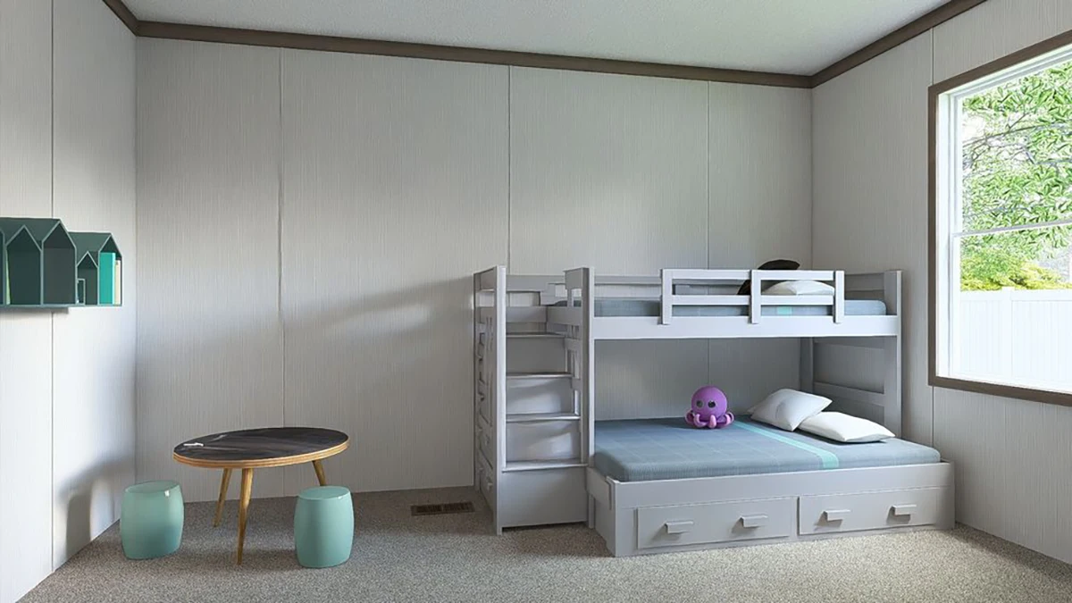 A children's bedroom with a gray bunk bed, a round table with two green stools, wall shelves, and a window showing greenery outside. A purple toy is on the lower bunk.