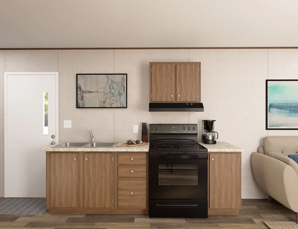 Modern kitchen with wood cabinets, black stove, sink, coffee maker, and two abstract paintings on beige walls, next to a white door and beige sofa.