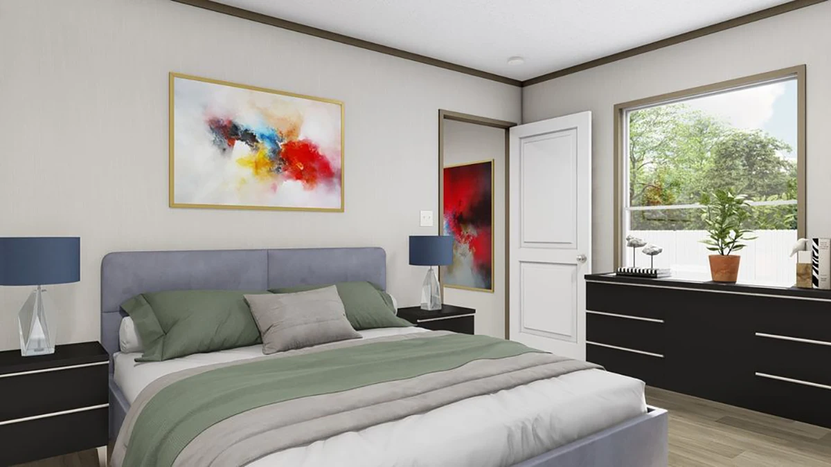 c862e517-d4df-4439-a71e-7bff4063913c Modern bedroom with a gray bed, green bedding, two black nightstands with blue lamps, abstract artwork on the wall, and a large window letting in natural light.