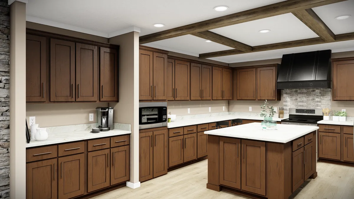 c945d3c2-bac2-42a6-9f9c-bc54f7eaaa75 Modern kitchen with brown wooden cabinets, white countertops, a large island, stainless steel appliances, and exposed wooden ceiling beams.